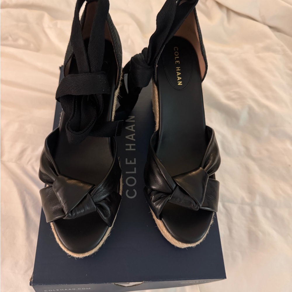 NEW w Box Cole Haan Black Espadrille Shoes with ribbon straps